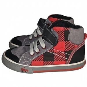 Rare See Kai Run Nordstrom DANE Red Plaid Velcro Close high tops size 8.5 EUC